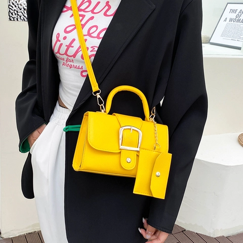 Women Litchi Texture PU Leather Handbag And Small Hanging Pouch Retro Square Crossbody Shoulder Bag Gold Buckle