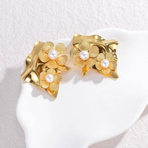Pendientes de Gota de Pétalo de Flor de Acero Inoxidable Con Perla Artificial Borla Oro Minimalista para Mujer Joyería
