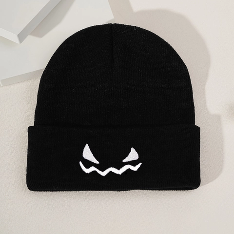 Halloween Pumpkin Face Embroidered Knit Beanie Hat Acrylic Cuffed Warm Winter Headwear For Women Men Funny Festive Gothic