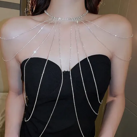 Rhinestone Tassel Body Chain Necklace Multilayer Alloy Shoulder Chain For Wedding Bridal Evening Party Luxury Jewelry