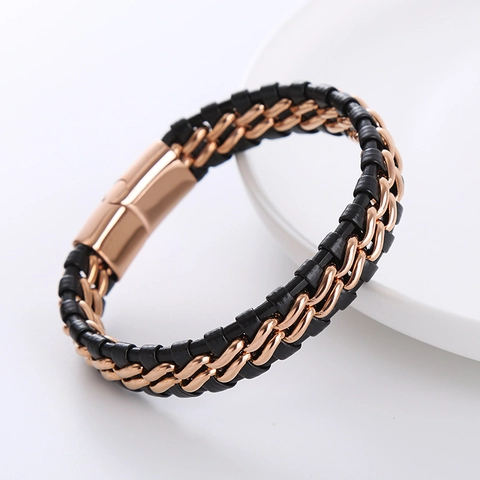 Pulsera De Cuero Trenzado Con Cierre Magnético De Eslabones De Doble Cadena De Acero Inoxidable 304 Joyería Punk Hip Hop Para Hombres