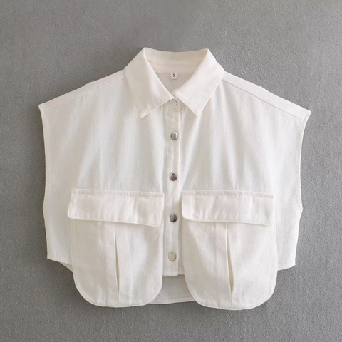 Camisa De Mezclilla Sin Mangas Mujeres Chaleco Corto Color Sólido Bolsillos Grandes Cuello Polo Con Botones Streetwear Top Casual
