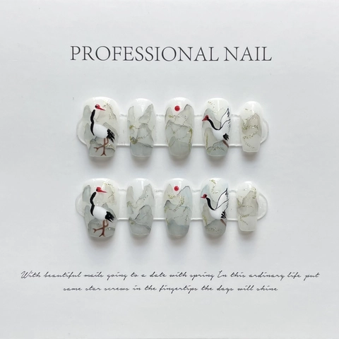 Faux Ongles Press On Faits Main Style Chinois Lavis Grue Montagne Forme Cercueil Brillants