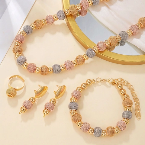 Fashion Jewelry Necklace Bracelet Earrings Ring Copper Gold Silver Rose Gold Plated Mesh Beads Contrast Color Statement