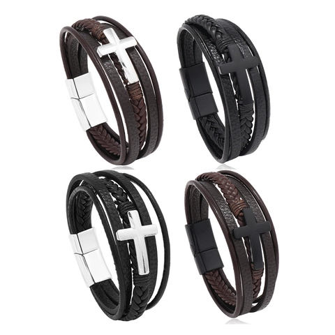 Bracelet Multi-Rangs En Cuir Tressé Avec Croix En Alliage Et Fermoir Magnétique Bijoux Style Punk Rétro Pour Homme