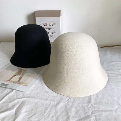 Sombrero De Pescador Para Mujer De Pura Lana Retro Sombrero De Copa Cálido Otoño Invierno Vintage Color Sólido Para Dama