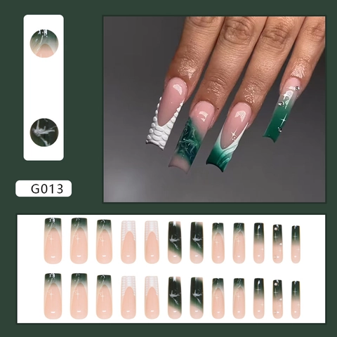 Press On Nails Dark Green French Gradient Marble 3D Relief Star Pattern Rhinestone Long Square Coffin Shape For Women