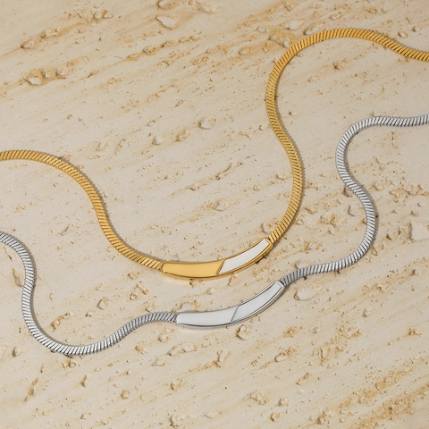 Collar De Acero Inoxidable Con Incrustación De Concha Blanca Cadena De Serpiente Plana Colgante Geométrico Curvo Joyería