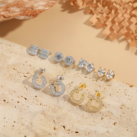 Zirkoon Koperen Oorbellen Frans Retro Geometrisch Minimalistisch Pavé Hoops Studs Glinsterende Luxe Mode-Sieraden Voor Vrouwen
