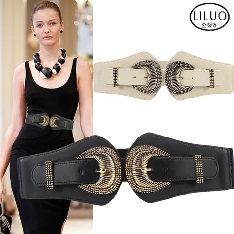 Vintage Dames Brede Corsetriem Elastische Tailleband Met Dubbele Metalen Gesp Imitatieleer Decoratieve Riem Voor Jurken