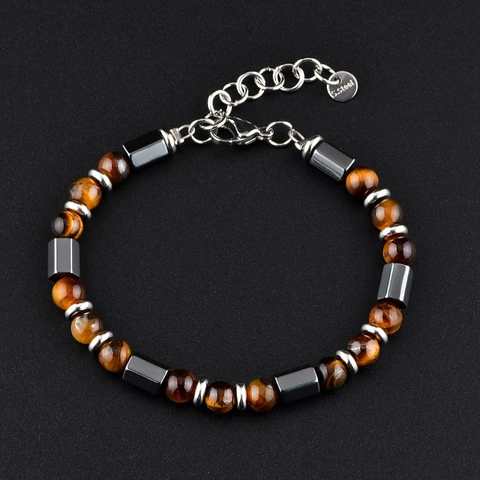 Bracelet Perlé En Œil De Tigre Et Hématite Acier Inoxydable Chaîne D'extension Réglable Bijoux De Mode Unisex