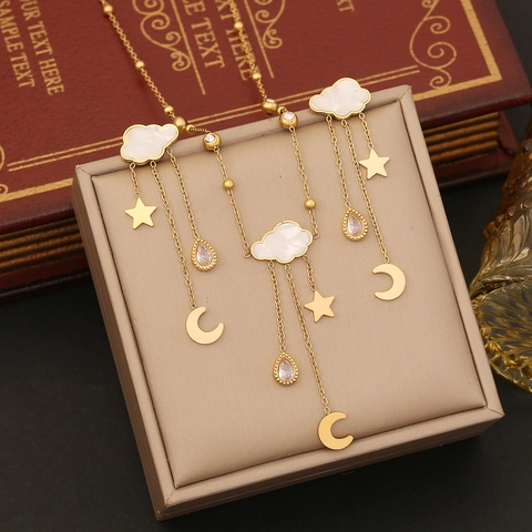 Vergulde Roestvrijstalen Wolk Ster Maan Tassel Ketting Oorbellen Zirkoon Sierlijke Geometrische Sieraden Voor Dames