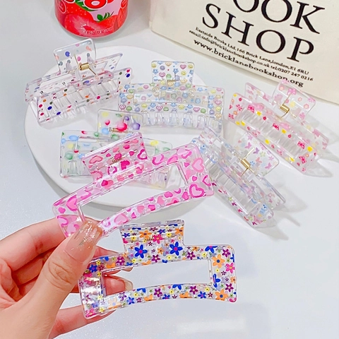 Pinza De Pelo Acrílica Transparente Estampado Floral Mariposa Rectangular Hueca Shark Clamp Mujer Accesorio Dulce