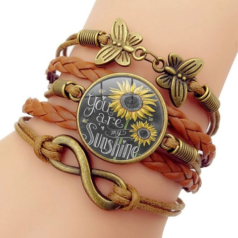 Bracciale Pelle Intrecciata Multistrato Girasole Retro Lega Farfalla Simbolo Infinito Cupola Vetro Citazione Gioielli