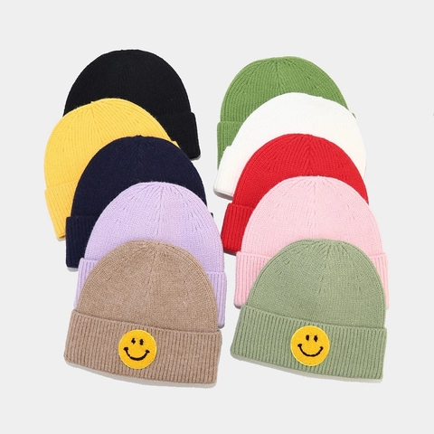 Beanie Gebreide Muts Warm Winter Acryl Geribd Smile Face Patch Outdoor Casual Voor Heren Dames