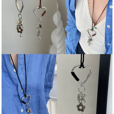 Collier Longue Corde Mousqueton Cœur Pour Femmes Avec Pendentif Chiot Fleur En Métal Et Pierre Style Vacances