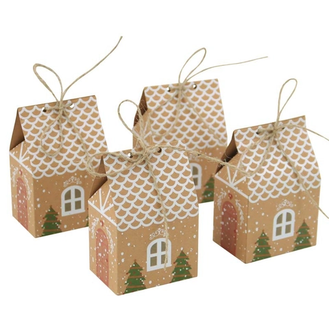 Christmas Gingerbread House Gift Boxes Kraft Paper Candy Packaging With Jute Rope For Holiday Party Festive Decor Brown