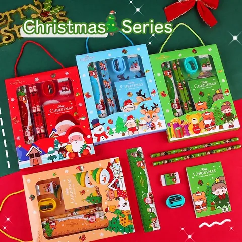 Christmas Stationery Set Kids Gift Includes Pencil Ruler Eraser Sharpener Notepad Cartoon Santa Reindeer Portable Case