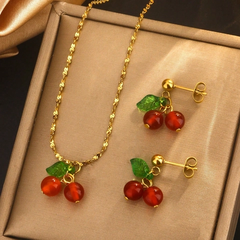 Sweet Cherry Shape Jewelry For Women Stainless Steel Titanium Steel Fruit Necklace Stud Earrings Non-Fading