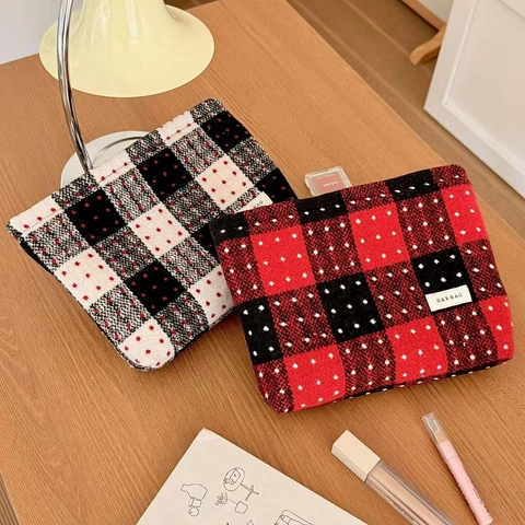 Borsa Per Trucco In Stile Britannico Vintage A Quadretti E Pois Organizzatore Da Viaggio Portatile Tessuto Jacquard Fodera In Tela