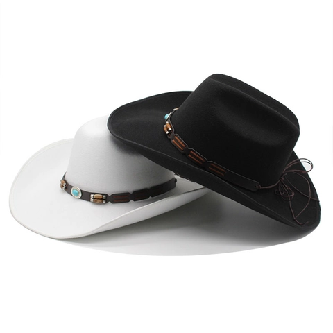 Western Cowboy Hat Felt Fedora Wide Brim Ethnic Turquoise Bead Decorative Band For Men Women Retro Style