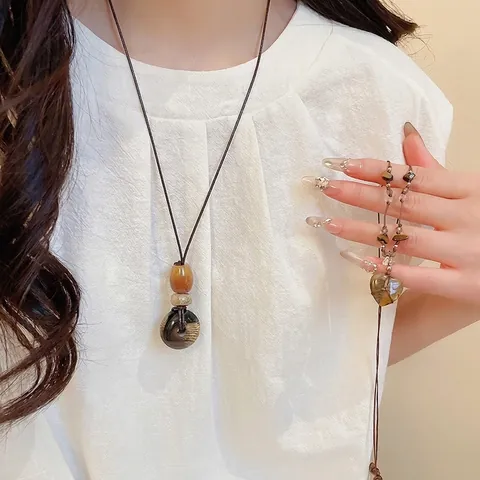 Tiger Eye Stone Heart Pendant Necklace Vintage Bohemian Ethnic Braided Rope Long Sweater Chain Accessory For Women