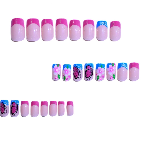 French Tip Press On Nails ABS Plastic Medium Square Butterfly Flower Pattern For Women DIY Manicure