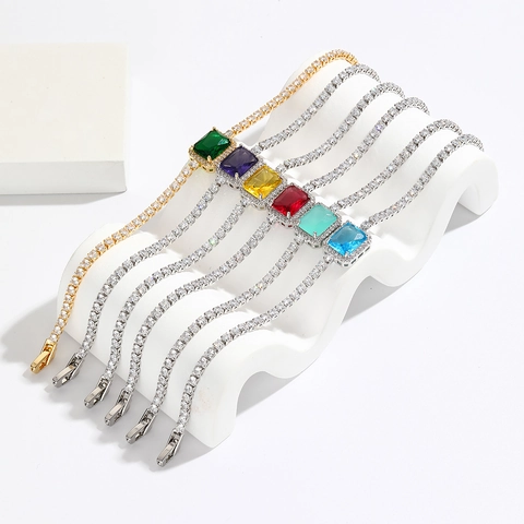 Geometrische Rechthoekige Zirkonia Tennis Armband Messing Luxe Mode Sieraden Voor Vrouwen