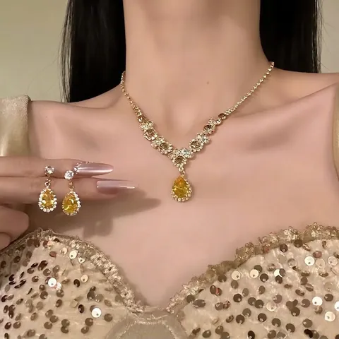 Necklace And Earrings Copper Zircon Yellow Pear Tear Drop Women Elegant Palace Style Wedding Party Jewelry