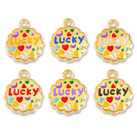 Pendentifs Lettre Chance Alliage Émail Plaqué Or Charmes Ronds Ondulés Pour Création De Bijoux DIY Collier Boucles D'oreilles