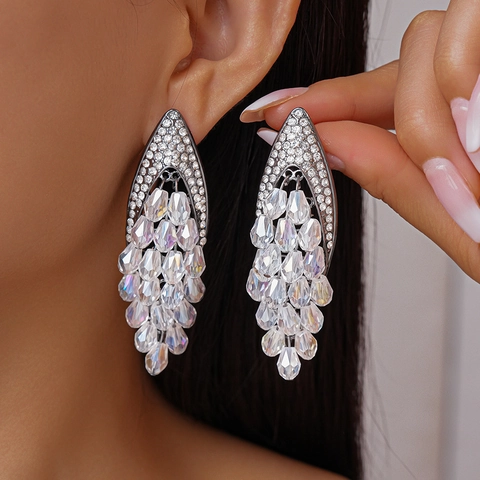 Orecchini Pendenti Rombo Cavo Lega Strass Vetro Cristallo Con Perno In Argento Sterling 925 Gioielli Lusso Donna