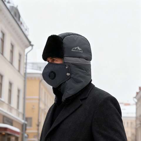 Chapeau Lei Feng d'Hiver pour Hommes Femmes Trappeur Chaud Épaissi Avec Masque Détachable Valve Respiratoire Coupe-vent Bande Réfléchissante Doublure en Fausse Fourrure