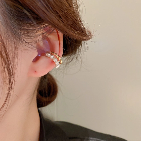 Zweilagige Ear Cuff Gedrehtes Metall Und Weiße Künstliche Perle Ohne Ohrlöcher Vergoldetes Kupfer Elegante Schmuck Für Damen
