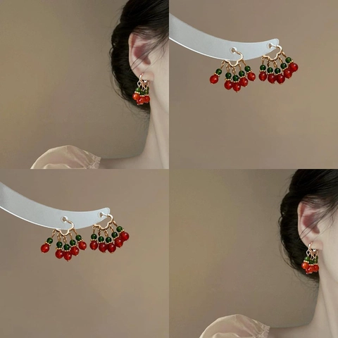 Retro Herz Quasten Ohrringe Kupfer Mit Roten Und Grünen Perlen Kirsch Stil Ethnischer Schmuck Für Frauen Elegant