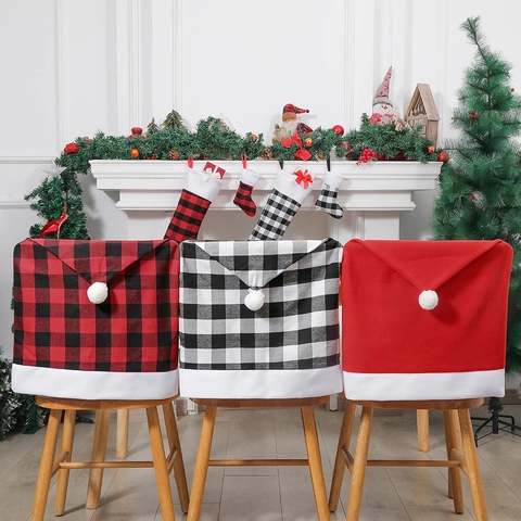 Christmas Chair Back Covers Red Santa Hat Style Plush Fabric Dining Room Kitchen Table Festive Decor