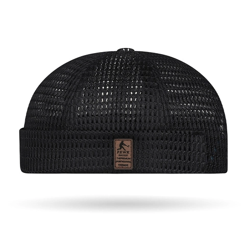 Mesh Docker Hat Breathable Brimless Cap Retro Miki Hat With Leather Patch Adjustable Summer Skullcap For Men Women