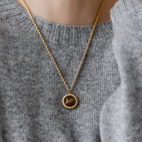Collier Pendentif Rétro Oeil De Tigre Rond Pour Femmes Chaîne Corde En Alliage Bijoux Vintage Style Maillard Marron Or