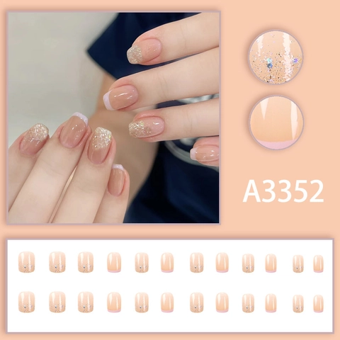 French Style Glitter Nude Transparent Press On Nails Short Square Round Shape False Nails Elegant Manicure