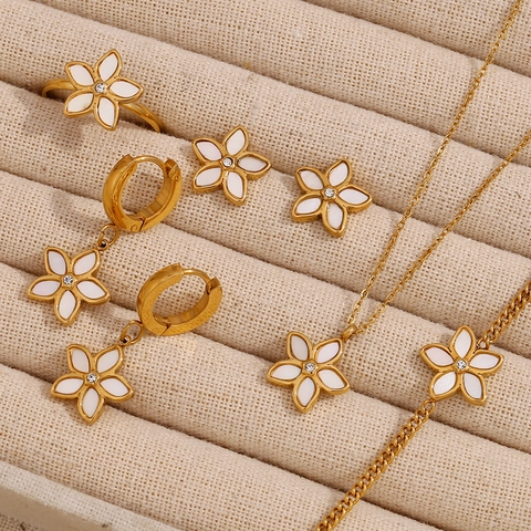 Stainless Steel Flower Necklace Bracelet Earrings Ring 18K Gold Plated White Shell Zircon French Style Elegant Jewelry Women