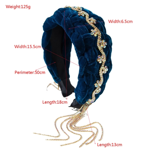Hand-Woven Velvet Padded Headband With Rhinestone Chain Tassels Western Vintage Luxurious Hair Band For Women Party Jewelry