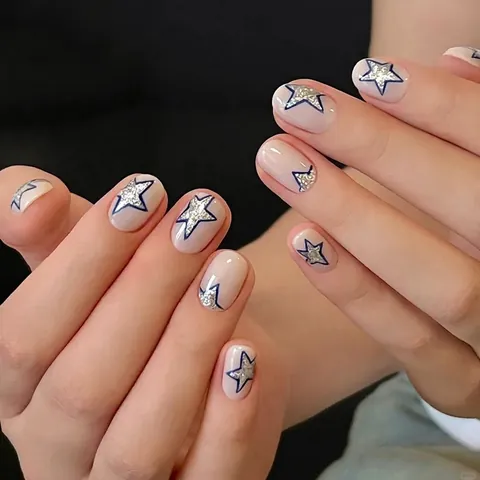 Square Press On Nails Nude Pink With Blue Star Glitter Sweet Cute Artificial False Nails For Women Daily Manicure