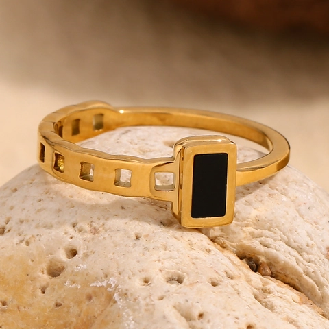 Vintage Edelstahl Ring Für Damen 18K Vergoldet Schwarz Acryl Kette Geometrisch Asymmetrisch Minimalistisch Fingerring Schmuck