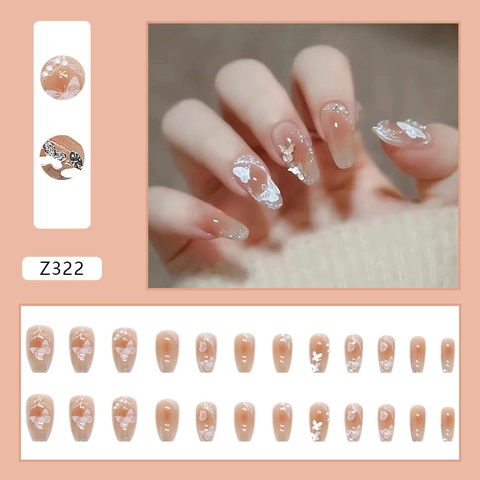 Press On Nails French 3D Butterfly Heart Rhinestone Artificial Pearl Decor Artificial False Nail Patches For Women Manicure Glossy Gradient