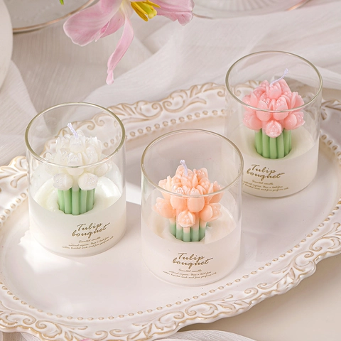 Tulip Bouquet Scented Candle Natural Soy Wax Glass Jar Handmade Floral Aroma Home Decor Ins Aesthetic Atmosphere Gift
