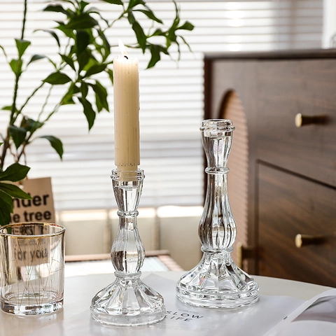 Glass Candlestick Holder And Taper Candles Transparent Vertical Stripe Diamond Decorative Stand For Wedding Home Decor
