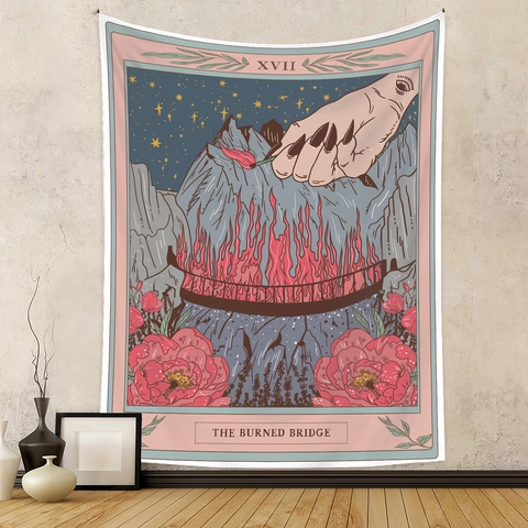 Tarot Card Tapestry The Burned Bridge XVII Polyester Wall Hanging Bohemian Mysterious Retro Home Decor Bedroom Living Room