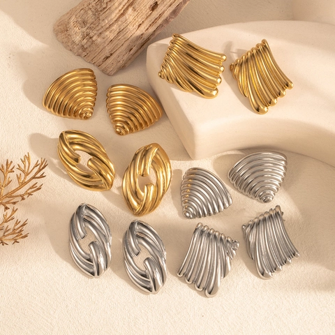 Minimalist Stainless Steel Geometric Stud Earrings For Women Gold Silver Plated Textured Shell Twisted Oval Fashion Jewelry