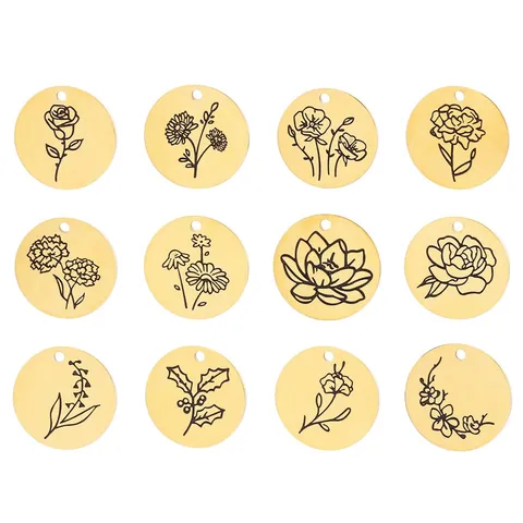 Stainless Steel Round Flower Pendants Engraved Floral Birth Flower Charms For DIY Jewelry Making Necklaces Fashion Women