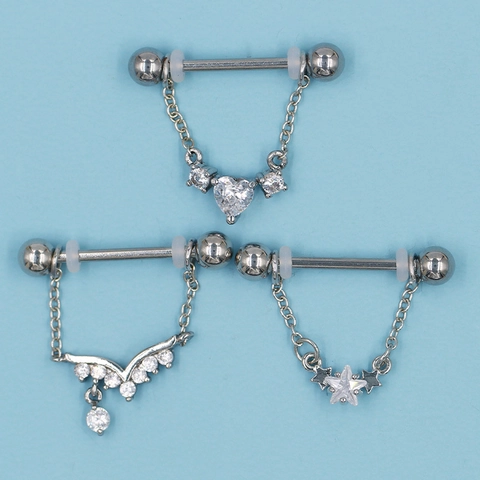 Zinc Alloy Nipple Rings For Women Men Rhinestone Star Heart Dangle Chain Body Piercing Jewelry Silver Tone Barbell