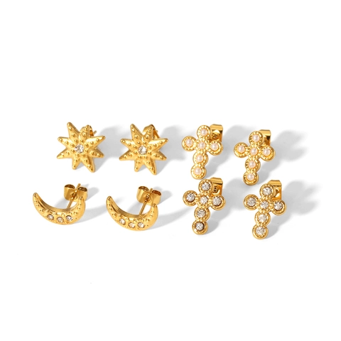 Orecchini A Lobo Stile Francese Vintage Acciaio Inossidabile Placcato Oro 18K Croce Luna Stella Zircone Perla Artificial Gioielli Donna